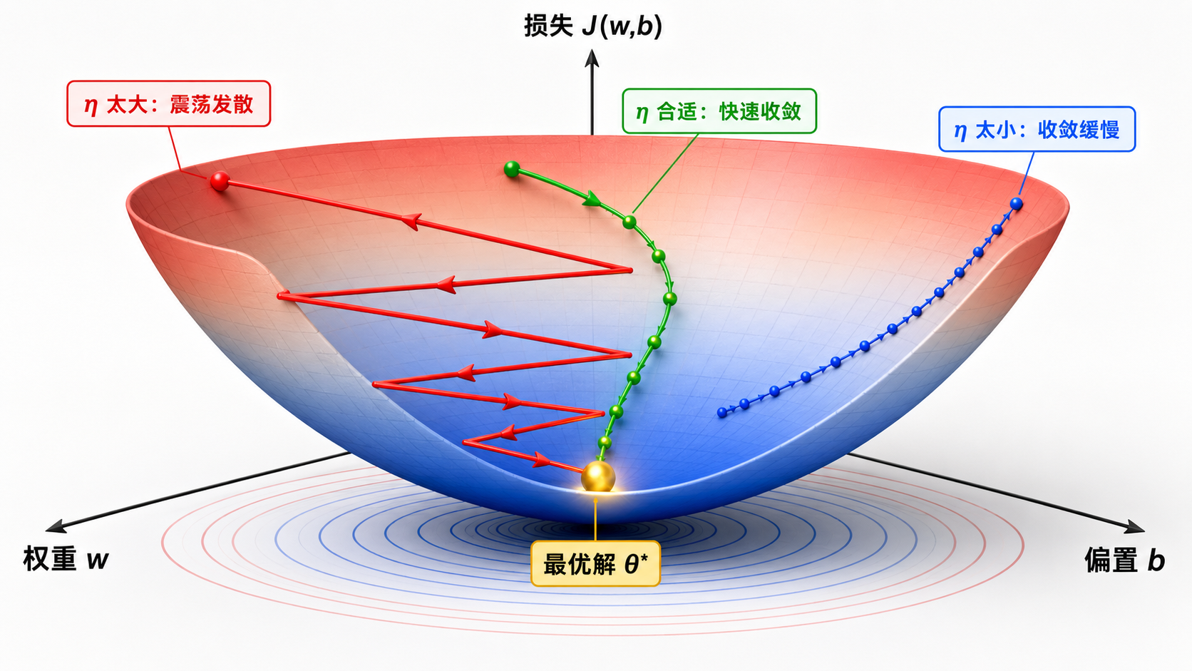 梯度下降的 3D 可视化：碗状损失函数曲面上的小球从高处沿梯度方向滚到最低点，同时展示了不同学习率的效果——太大震荡、太小缓慢、合适高效