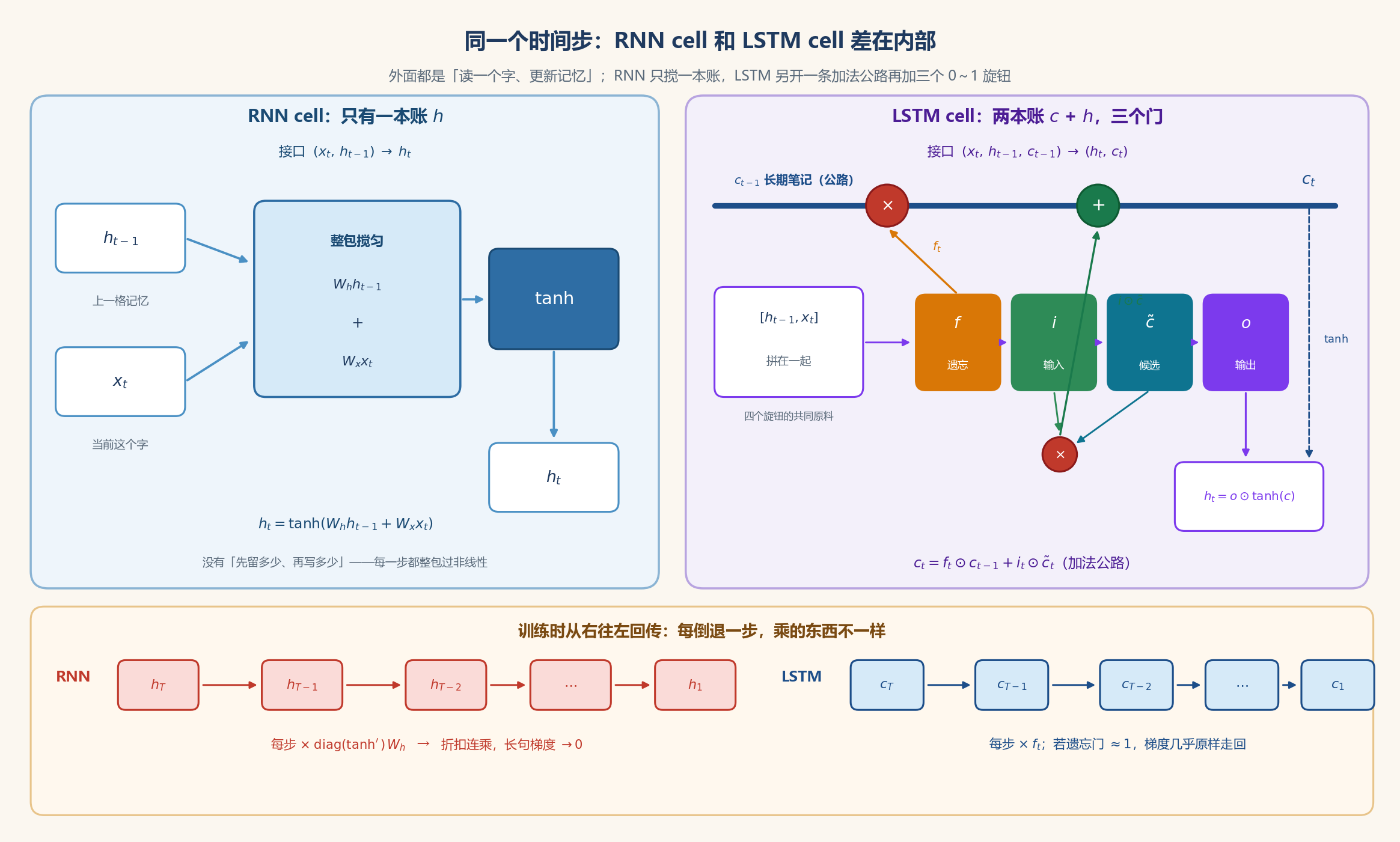 同一个时间步：RNN cell 与 LSTM cell