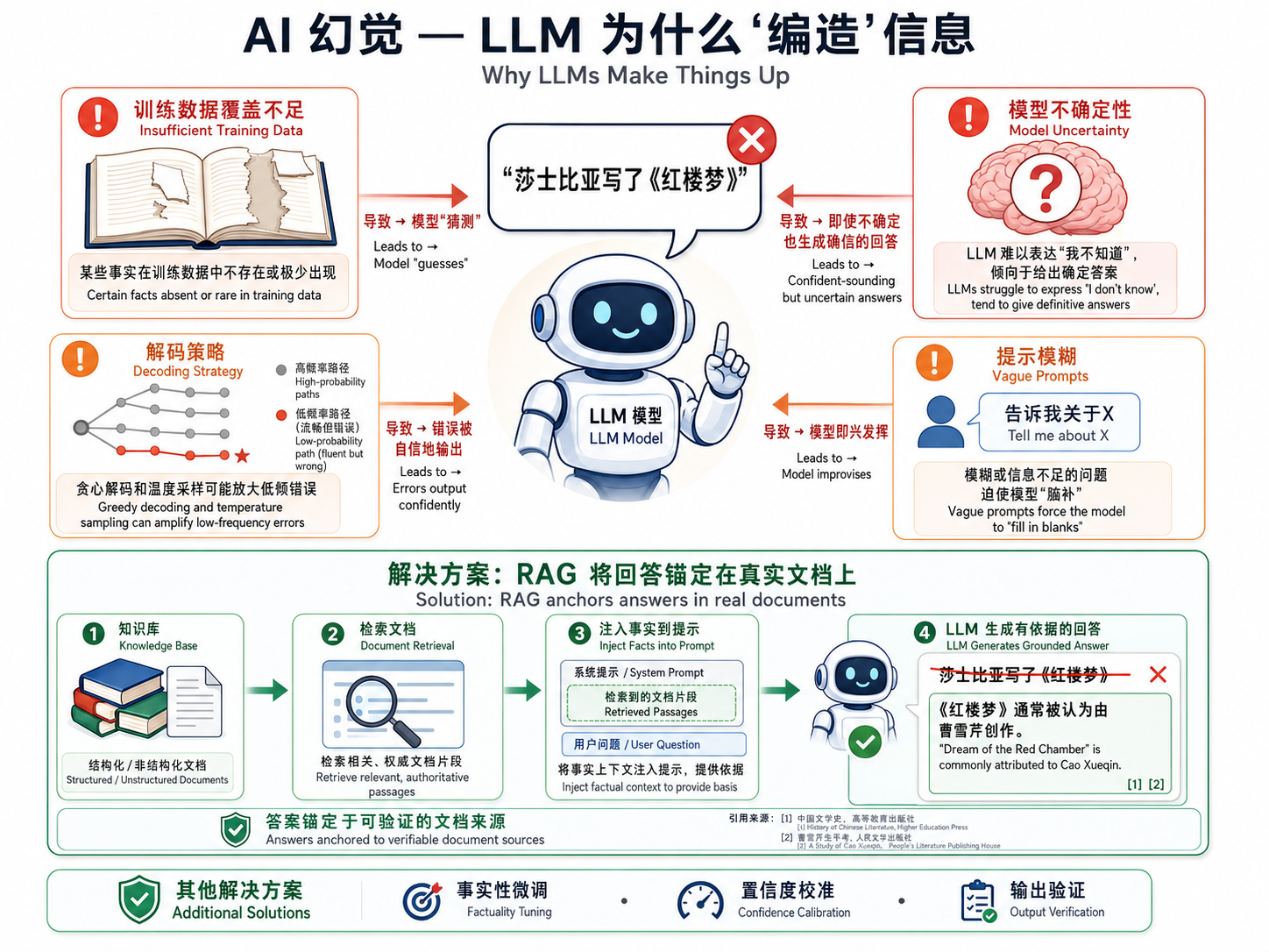 幻觉成因：训练数据缺失、模型不确定、解码策略放大错误、提示模糊——RAG 通过检索真实知识锚定输出