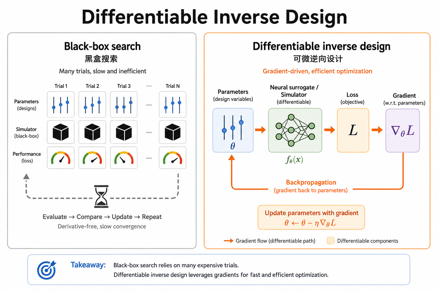 可微逆向设计 vs 黑盒网格搜索
