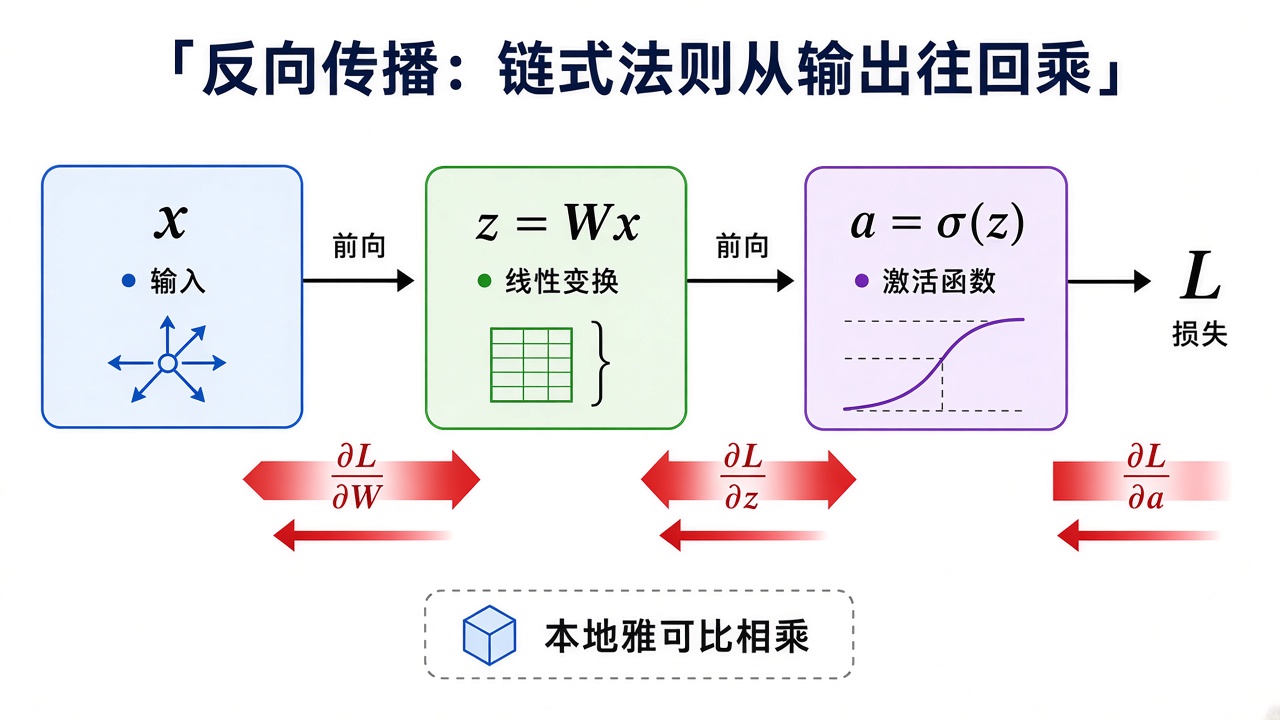 反向传播:链式法则从输出往回乘
