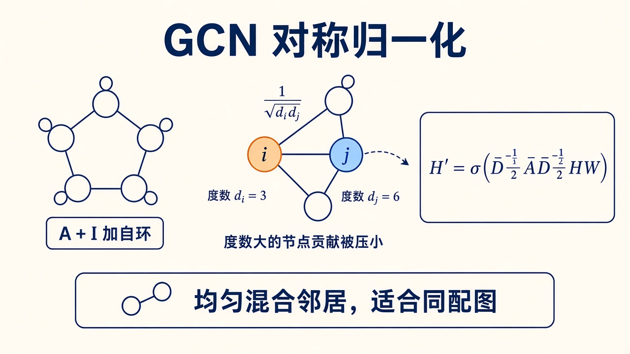 GCN：自环 + 对称归一化
