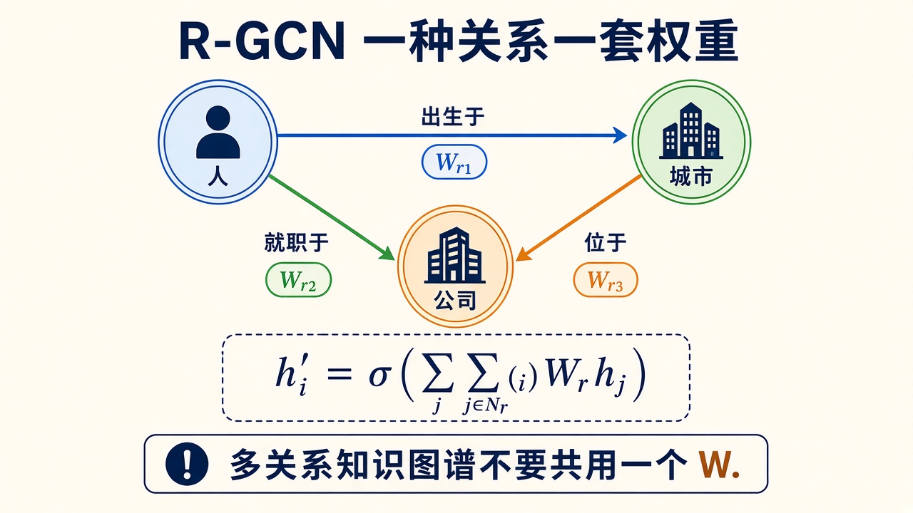 R-GCN：不同颜色的边用不同 W