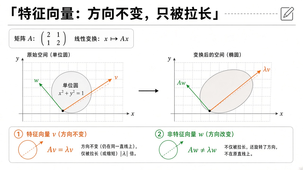 特征向量:方向不变,只被拉长