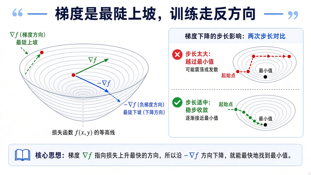 梯度是最陡上坡，训练走反方向