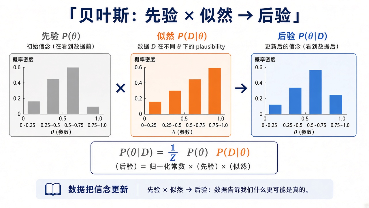 贝叶斯:先验 × 似然 → 后验