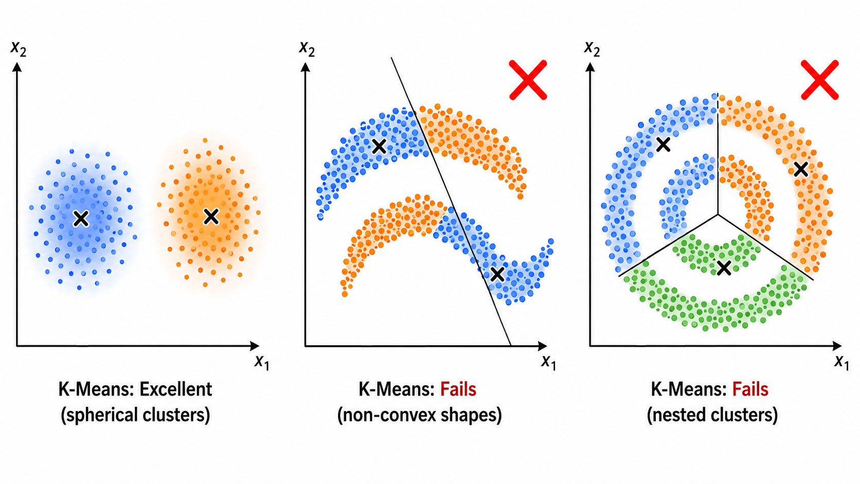 K-Means 在不同形状数据上的聚类效果对比：左图 blob 数据（K-Means 效果好），中图月牙形数据（K-Means 失败——将两个月牙各自切半），右图同心圆数据（K-Means 失败——用扇形切分圆形）。每个子图下方标注"适合/不适合 K-Means"