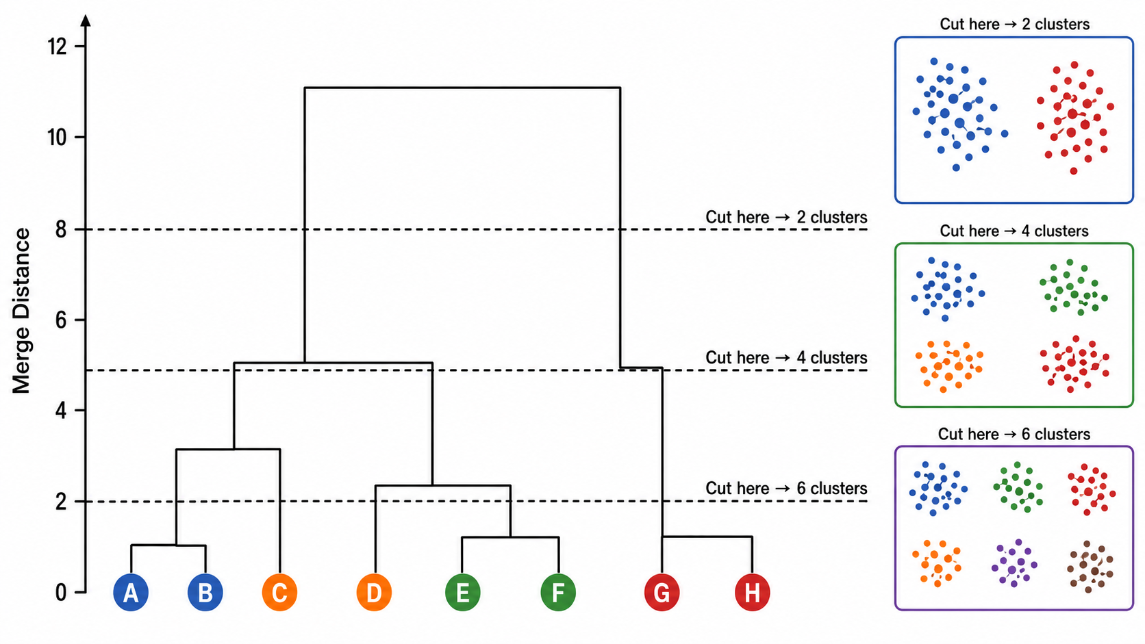 层次聚类谱系图（Dendrogram）：底部为 10 个数据点，纵轴为合并距离。三条水平虚线标出不同切割高度，对应产生 2/3/5 个簇。分支用不同颜色标示。右侧标注三种 linkage（Single/Complete/Ward）的对比效果