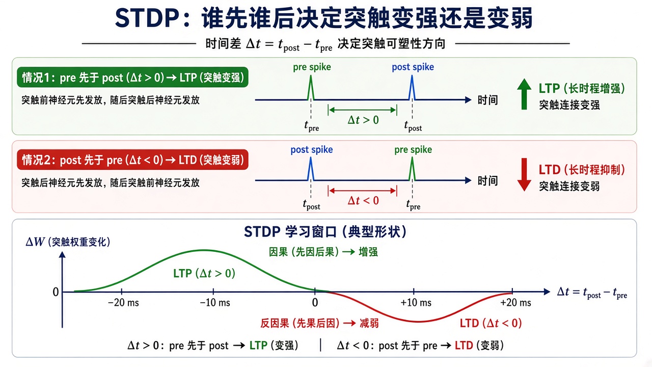 STDP：谁先谁后决定突触变强还是变弱