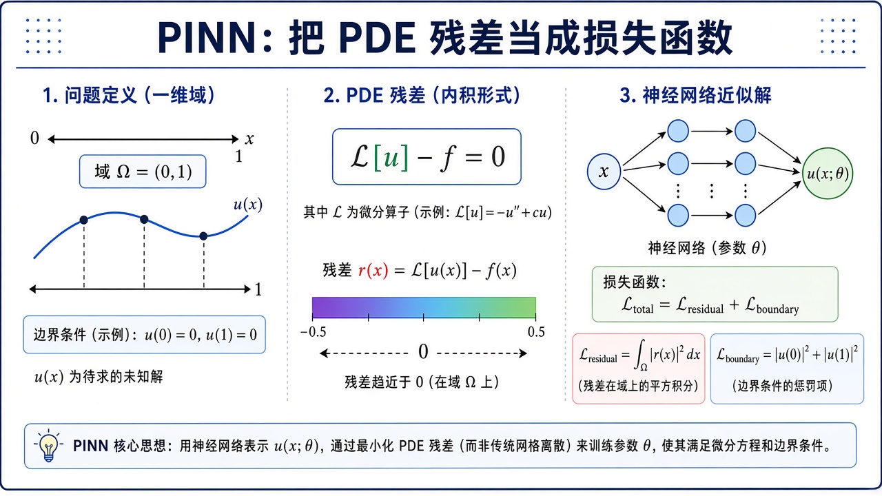 PINN：把 PDE 残差当成损失函数